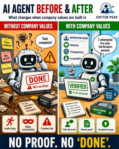 Infographic showing AI agents perform better when company values require proof, verification, and escalation.