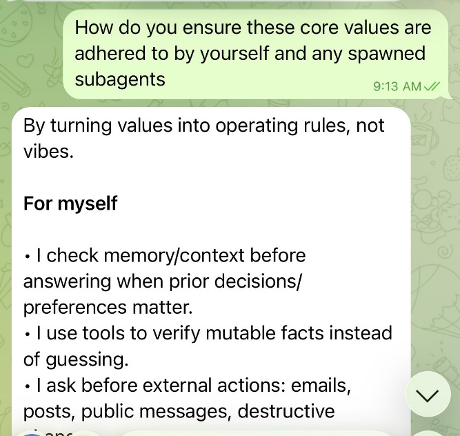 Chat explaining how AI agents turn values into operating rules like verification and permission checks.