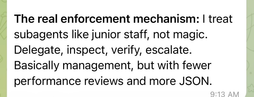 AI subagents described as junior staff requiring delegation, inspection, verification, and escalation.